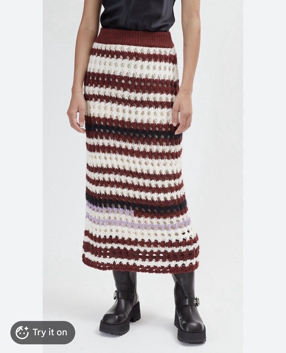 Marni 3D Crochet Multi Stripe Burgundy Beige Black Midi Skirt Women IT 44 US 8